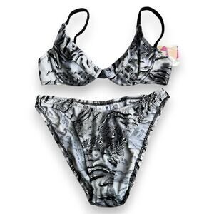 Vintage 1990's deadstock gray metallic animal print bikini